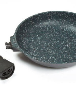 Photo of ceramic frying pan isolated on white background. studio shot