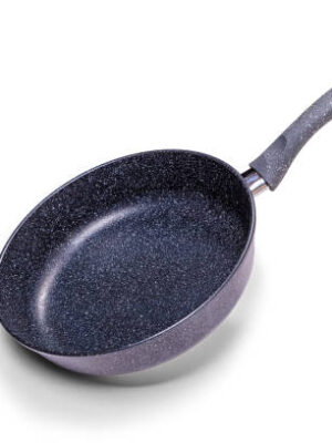 Black frying pan with non stick coating on a white background